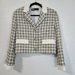 ZARA Houndstooth Cropped Blazer White Trim Pearl Buttons Large Preppy